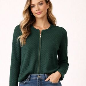 Ann Taylor Factory Textured Zip Front Cardigan Sweater - Dark Green - Size M